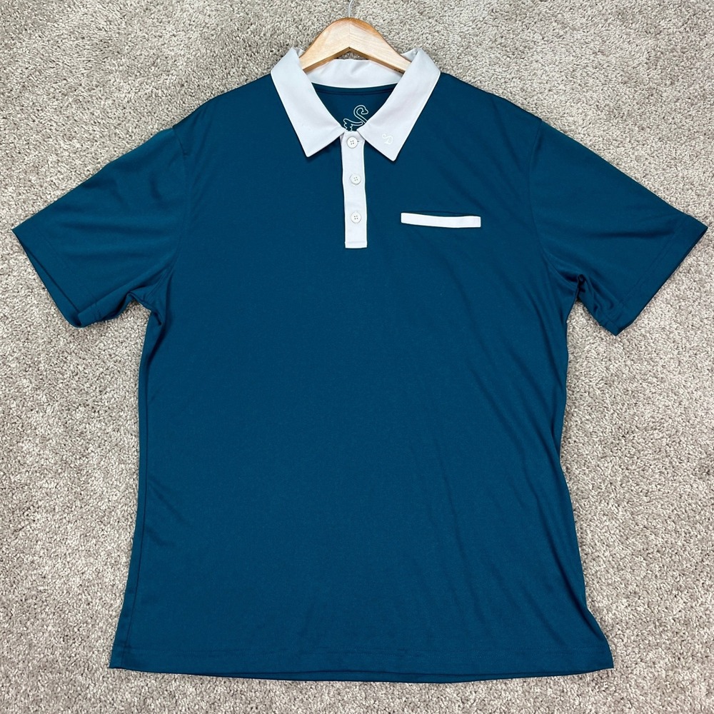Swannies Polo Shirt Mens Large Teal Blue Short Sleeve 3 Button Placket Golf EUC
